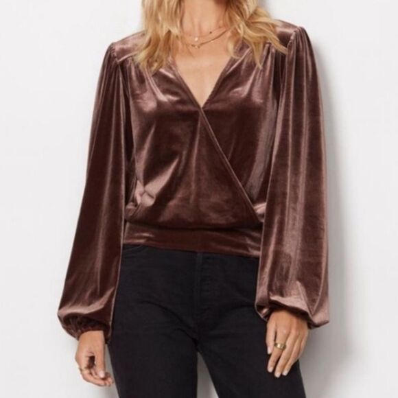 Evereve Kenna Velour  V-neck Surplice Wrap Brown Top - Picture 1 of 6